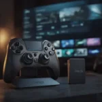 A professional gaming controller and an external SSD for a game console.