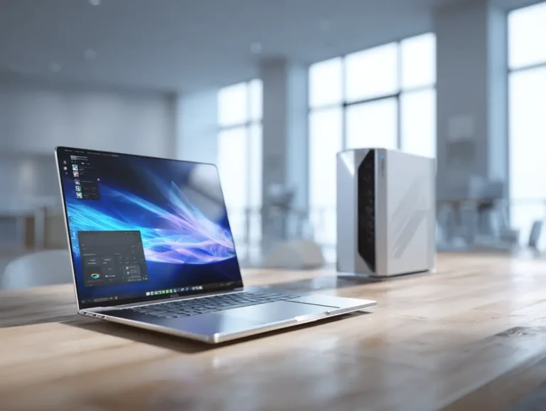 A modern ultrabook laptop and a compact desktop PC on a minimalist desk.