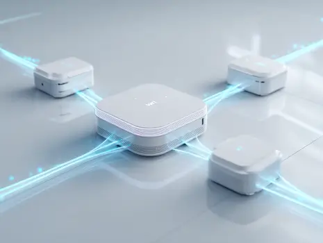 A modern Wi-Fi 7 mesh router system with visualized network signals.
